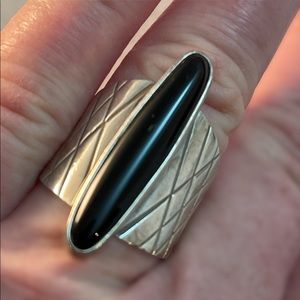 Vintage Sterling oblong black onyx ring etched